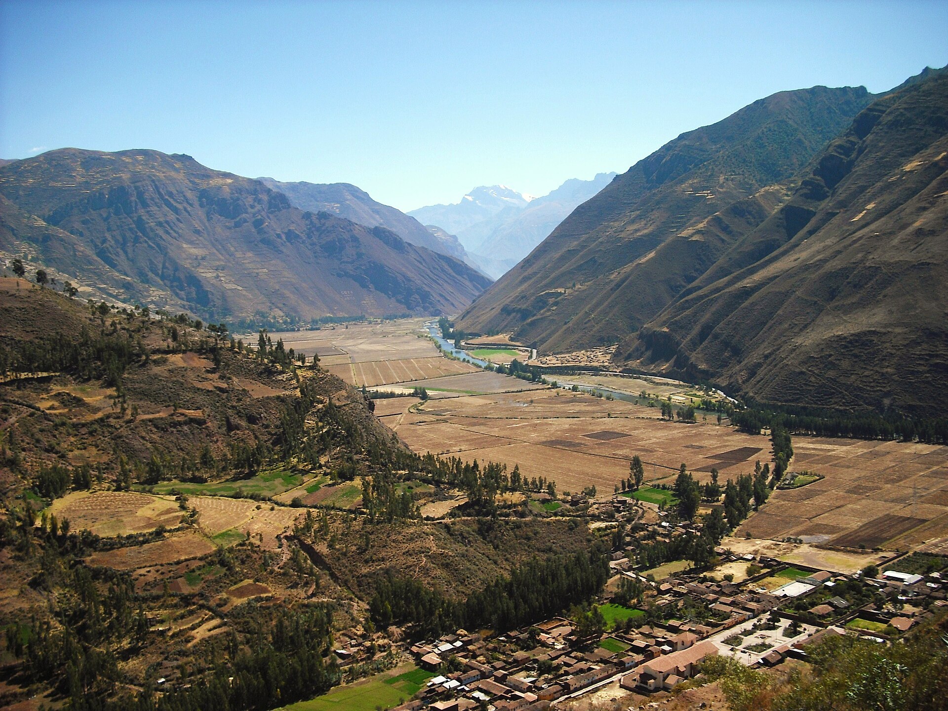 Urubamba Valley, Sacred Valley of the Incas, Peru. The picture was taken on the road leading to Písac , it's looking toward Calca. The town in the foreground is Taray (which was heavily damaged by floods in 2010). The approximate location is: -13.433761,-71.864247.